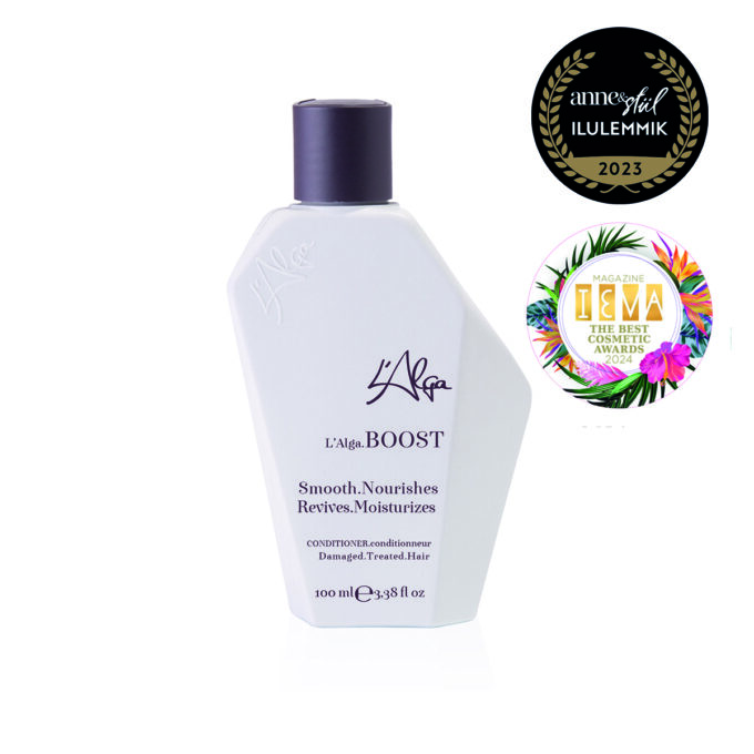 Lalga_SEABOOST_palsam_100ml_awards Atjauno bojātus matus un acumirklī aizver matu kutikulas, padarot matus veselīgākus, gludākus un mīkstākus pēc katras mazgāšanas.