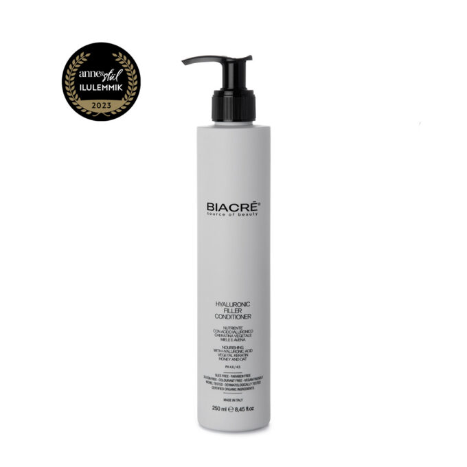 BIACRÈ balzams ar hialuronskābi Krēmveida kondicionieris matu kutikulu stiprināšanai, ideāli piemērots vājiem, plāniem, sausiem matiem ar mitruma trūkumu.