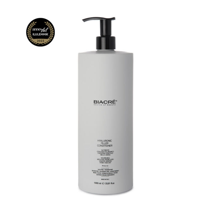 BIACRÈ balzams ar hialuronskābi Krēmveida kondicionieris matu kutikulu stiprināšanai, ideāli piemērots vājiem, plāniem, sausiem matiem ar mitruma trūkumu.