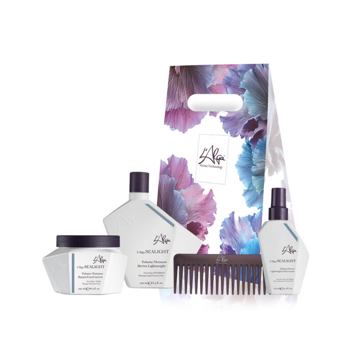 Подарочный набор L'ALGA SEALIGHT Эксклюзивный подарочный набор с продуктами из любимой серии Sealight, созданный для восстановления объёма, густоты и мягкости тонких и ослабленных волос. Идеальный подарок — элегантная упаковка порадует любую любительницу качественного ухода за волосами.