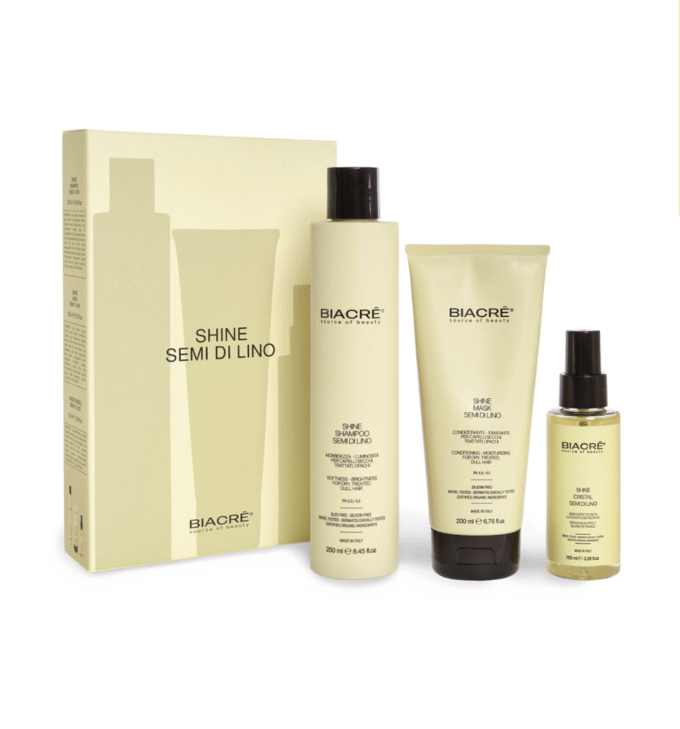 Набор Biacrè Shine Натуральные ингредиенты, такие как льняное масло, алоэ, арника и экстракт овса, увлажняют и разглаживают волосы, обеспечивая роскошный результат салонного уровня в домашних условиях.