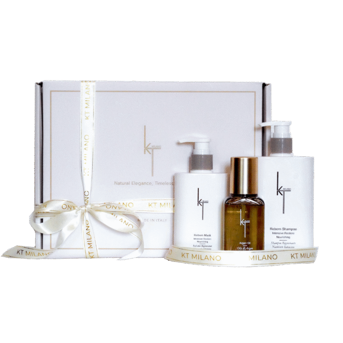 KT Milano luksusa dāvanu komplekts Ekskluzīvs dāvanu komplekts bojātiem, sausiem un nedzīviem matiem. Šis greznais trio ir iepakots elegantā, svētku kārbiņā – gatavs dāvināšanai uzreiz.