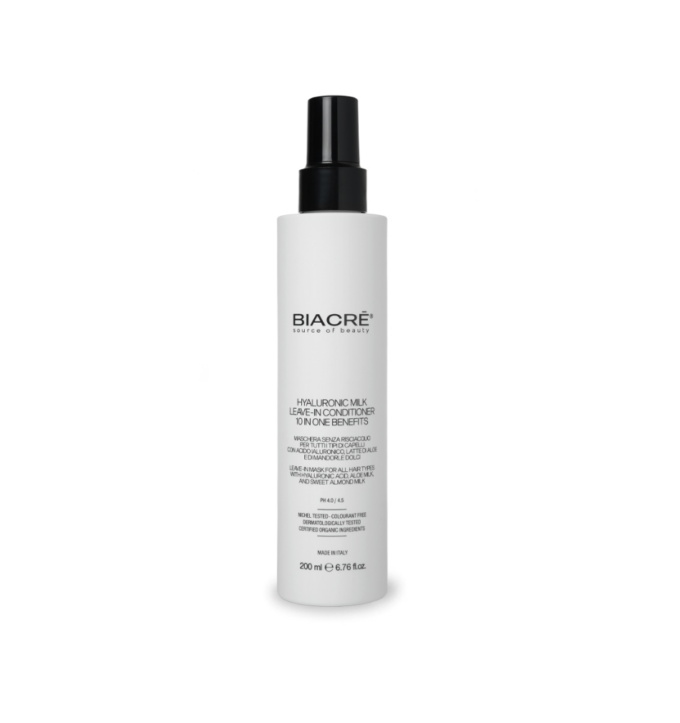 BIACRÈ Hyaluronic 10-in-1 leave-in conditioner This professional leave-in conditioner is designed to deliver complete hair care: hydration, protection (including heat protection), and a smoothing effect in one product. Its lightweight formula does not weigh the hair down, making it suitable for daily use on natural, colored, and chemically treated hair.