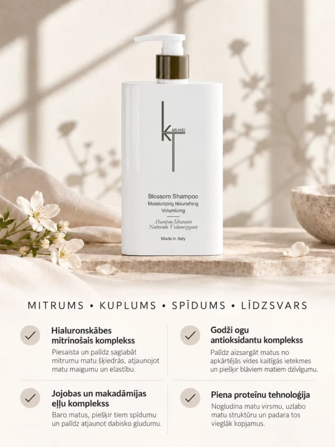 KT Milano BLOSSOM mitrinošs apjoma šampūns Grezns šampūns, kas bagātināts ar antioksidantiem augu ekstraktiem un hialuronskābes mitruma sistēmu, lai atdzīvinātu sausus un dzīvību zaudējušus matus.